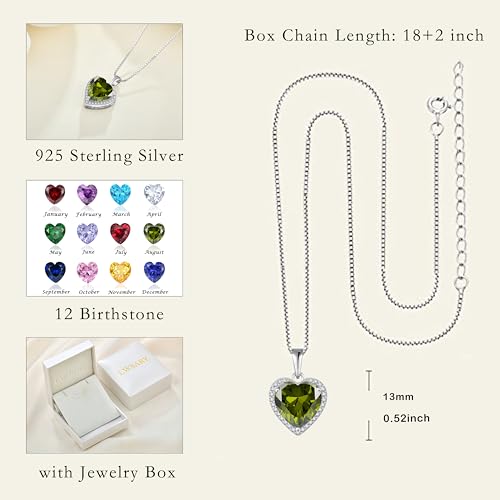 925 Sterling Silver Halo Heart Necklace for Women | Lwsary Love Heart Necklace, Heart Cut Birthstone Jewelry for Her - color: Olive Green