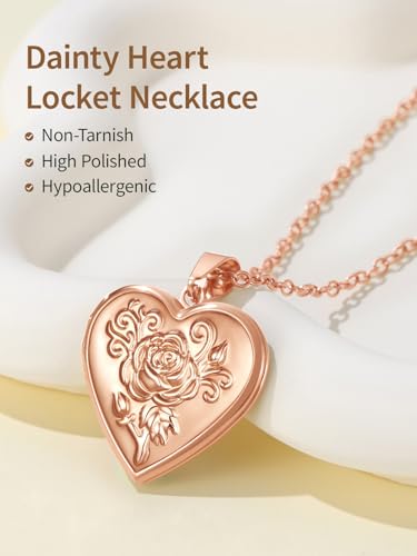FindChic Locket Necklace for Women Custom Photo Memorial Gifts Multi-Shaped - color: Rose-Embossed Heart