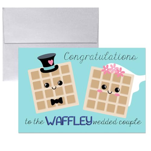 Funny Wedding Card for Newlyweds – Waffle-y Wedded Silly Waffle Themed Greeting for Bride and Groom Wedding Day- Congratulations to the Happy Couple 4X6 inch Card with Silver Envelope Included - style: Waffle