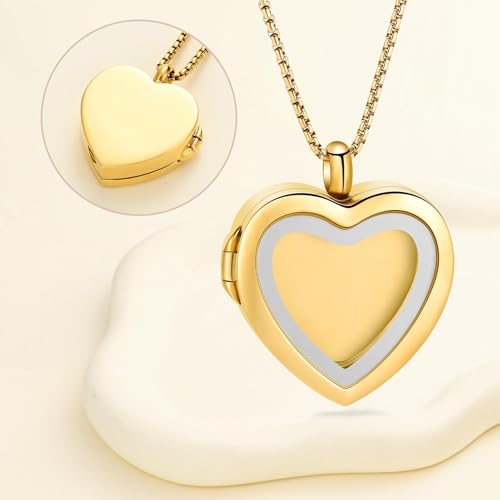 zeqingjw Glass Cremation Jewelry - Round Heart Memorial Urn Necklace for Ashes of Loved One - Stainless Steel Human Pet Dog Cat Keepsake Urn Pendant - color: A-Gold