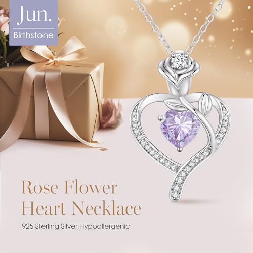 925 Sterling Silver Rose Love Heart Birthstone Necklaces for Women Jewelry | Hypoallergenic Nickel-Free & Lead-Free Pendant,Birthday Anniversary Christmas Gift for Women Wife Mom Girlfriend - color: White Gold-06-Jun