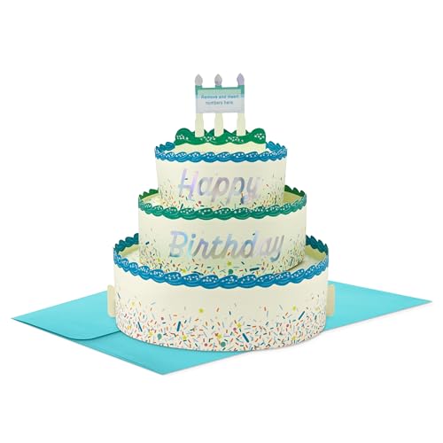 Hallmark Customizable Pop Up Birthday Card (Blue and Green Cake) | Paper Wonder, Pick-a-Number Customizable Design, 3-tier with Blue and Green Frosting, Coordinating Envelope - style: Blue and Green Confetti