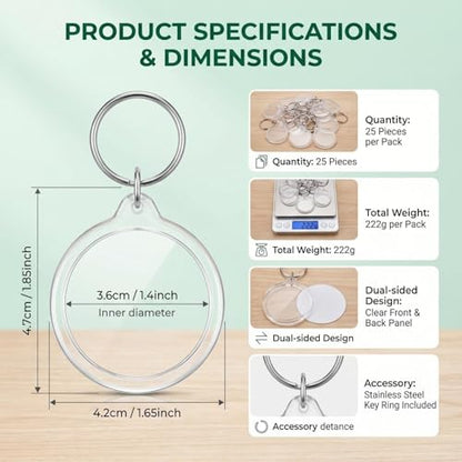 25 Pack Clear Blank Acrylic Photo Insert Picture Frame Keyring Key Chains Keychains Insert Personalised Custom Keychains with Split Ring for Family & Friends Gifts DIY Craft