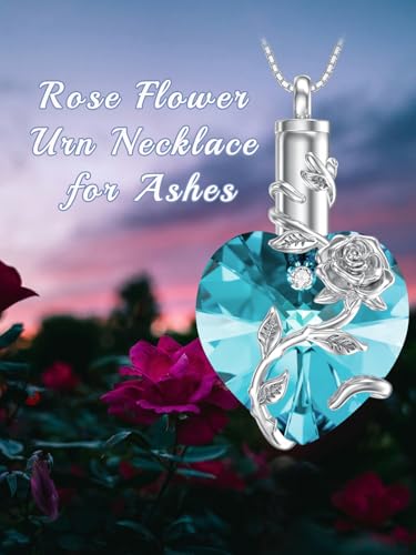 OCJ Heart Rose Flower Urn Necklace for Ashes Women Birthstone Cremation Necklaces Sterling Silver Memorial Cremation Jewelry Gifts - color: 03-March-Aquamarine