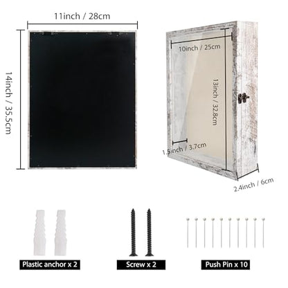 GraduatePro Shadow Box Frame 11x14 Display Case with Linen Back, Real Glass Window Door with Hinge, Picture Frame Wedding Bouquet Memorabilia Medals Photos Memory Box for Keepsakes, Rustic White | Hinged Front Open Door with Tempered Glass, Linen Back wit