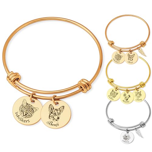 Anavia 1/2/3/4 Disc Pet Portrait Bangle Bracelet, Personalized Pet Memorial Expandable Charm Bracelet Jewelry Gift, Customized Round Disc Photo Engraved Dog Cat Bracelet for Animal Lovers - color: Rose Gold, size: Large - 2 Disc