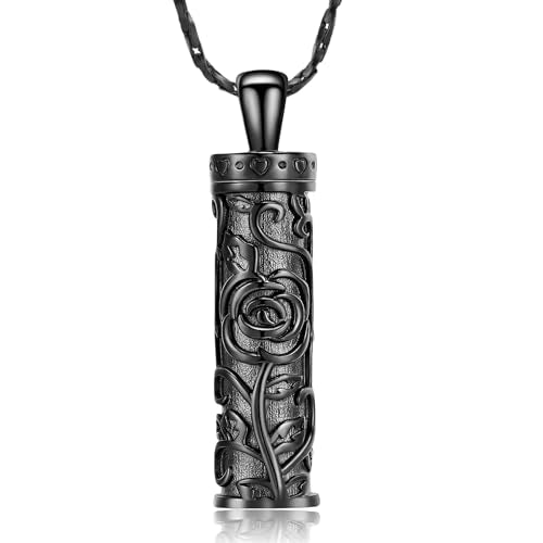 Rose Flower Urn Necklace Cylinder Bar Urn Necklace for Ashes Pendant Necklace Keepsake for Ashes Memory Keepsake Cremation Jewelry for Women Memorial - color: Black