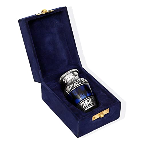 HLC Lovely Small Keepsake Urn - Blue Brass Hand Engraved Mini Memorial Affordable Keepsake Urn for Human Ashes (3 cu.in)