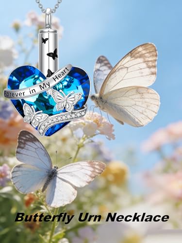 Urn Necklace for Women Sterling Silver Meaningful Memorial Jewelry | Paw Print/Butterfly/Dragonfly/Bird/Dolphin/Mountain/Tree of Life Urn Necklace for Ashes Cremation Keepsake Jewelry for Women - style: Heart-Butterfly