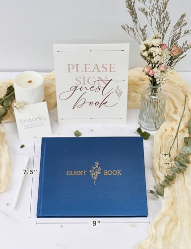 Wedding Guest Book, Polaroid Photo Guestbook for Baby Shower, 9x7.5" | Table Sign Included, Gold Stamping, Twill-Textured Hardcover, Perfect For Bridal Party & Baby Shower, Navy - color: Flower-navy