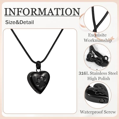 LittleFlower Paw Print Heart Pet Ashes Urn Necklace, Keepsake Pendant-Black - style: Black
