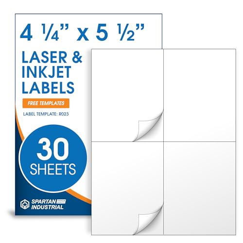 4.25" X 5.5" Matte White Printable Shipping Labels | (30 Sheets, 120 Stickers) Large Address and Mailing Labels for Laser & Inkjet Printers - Spartan Industrial Template R023 - style: 120 Labels