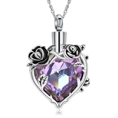 shajwo Cremation Jewelry Rose Flower Heart Urn Necklaces for Ashes for Women Memorial Human Ashes Pendant - color: Purple