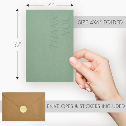 ZICOTO Beautiful Thank You Cards Set of 30 With Envelopes and Stickers | Elegant Blank Cards for Personalized Notes - Bulk Stationary Set for All Occasions Incl. Weddings, Business & Baby Showers - color: Sage