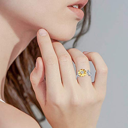 ONEFINITY Bee-Live You are My Sunshine Sterling Silver Sunflower Rings with Bee/Ladybug Open Adjustable Ring for Women