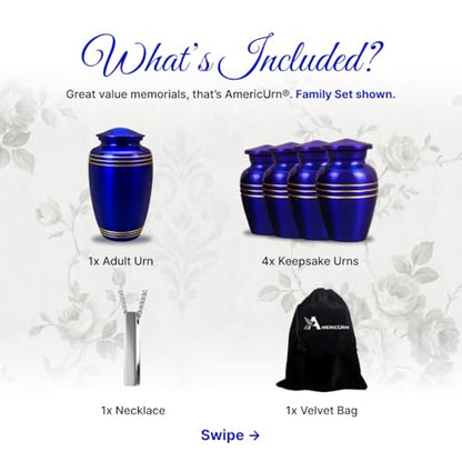 Set of 7 Plaque Custom Engraved Cremation Urns for Human Ashes Includes 1 Large Urn with 4 Small Keepsakes & 1 Silver Necklace - Royal Blue - color: Royal Blue Custom Plaque Urn Set