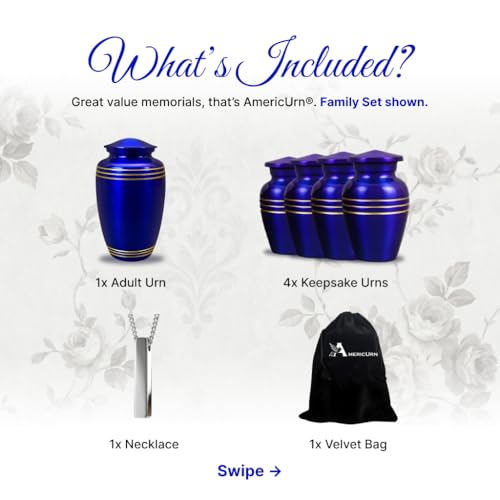Set of 6 Custom Engraved Cremation Urns for Human Ashes Includes 1 Large Urn with 4 Small Keepsakes & 1 Silver Necklace - Royal Blue - color: Royal Blue Custom Urn Set