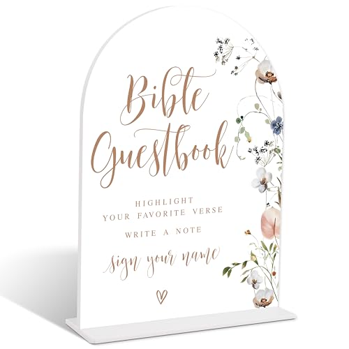 Boho Floral Bible Guestbook Sign, Arch Acrylic Sign with Stand, Wedding Signage for Reception, Bridal Shower Table Decor, Engagement Party Decorations, Wedding Must Haves for Reception, 6x8 Inches, 18 - color: Bible Guestbook Sign, 18