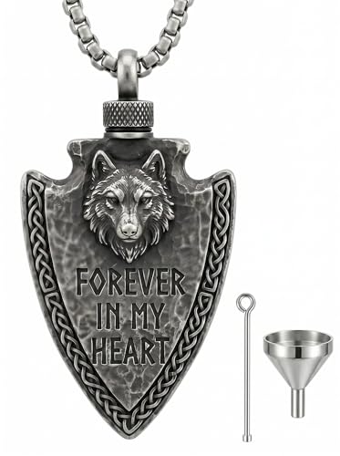 925 Sterling Silver Urn Necklace for Men, Wolf/Dragon/Wolf/Celtic Cross Arrowhead Ashes Pendant Necklace Cremation Jewelry Keepsake Gift Memorial - style: Wolf