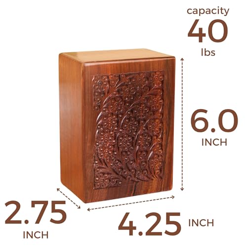 Hashcart Floral Wooden Cremation Urn Set of 3, 16/40/90 Lbs | Sheesham Rosewood, Slide-Open Lid, Velvet Bags, Adult Male Female, Family Sharing