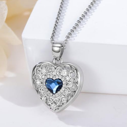 Heart Locket Necklace 925 Sterling Silver Personalized Picture Locket Pendant Birthday Christmas Jewelry Memorial Gifts for Women - color: Silver with Blue
