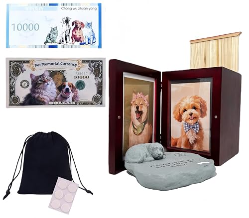 Pet Urns for Dogs with Photo Frame, Dog Urns for Ashes Red Wooden Box, Pet Urns for Cats Keepsake, Small Pet Urn with Puppy Memorial Stone Figurine - color: Gray2