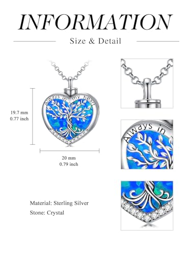 TOUPOP Tree of Life Urn Necklaces for Ashes 925 Sterling Silver Heart Cremation Jewelry Memorial Keepsake Jewelry with Funnel Filler for Women Men - color: A-Heart Tree of Life-Blue Opal