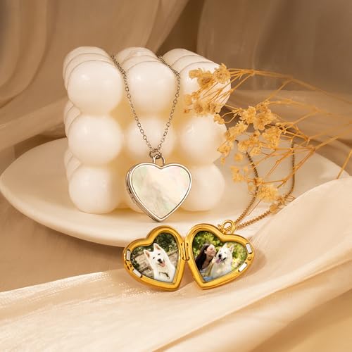 Anavia Personalized Photo Locket Necklace, Mother of Pearl Shell Handmade Custom Engraved Gold Plated Stainless Steel Pendant Necklace Jewelry Gift for Her Women Mother - color: Silver, size: Heart