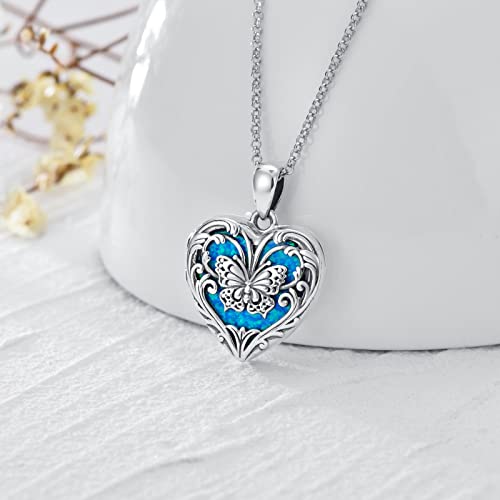 SOULMEET Personalized Silver Locket Necklace That Holds Pictures Photo Keep Someone Near to You, Memorial Custom Lockets Necklaces Letters Engraving for His Her - color: F3-Opal butterfly-Black, style: Locket+Custom Photo+Engraved