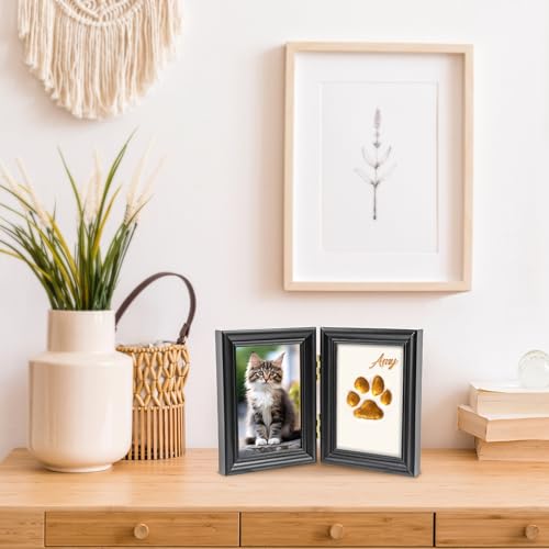Avont Paw Print Kit, Pet Memorial Keepsake with Frame | Skin-Friendly Air-Dry Clay | Wooden Double-Hinged Frame | DIY Pet Name Stencils | Tabletop & Wall Mount | Black - color: Black