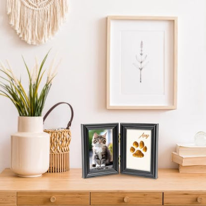 Avont Paw Print Kit, Pet Memorial Keepsake with Frame | Skin-Friendly Air-Dry Clay | Wooden Double-Hinged Frame | DIY Pet Name Stencils | Tabletop & Wall Mount | Black - color: Black