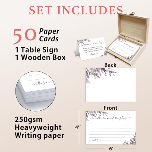 Advice and Wishes Cards Box – 50 Pcs Lavender Well Wishes & Wedding Advice Cards for Bride & Groom, Baby Shower, Birthday, Graduation, Wedding Reception, Retirement -A06 - color: Lavender, size: Set with Wooden Box