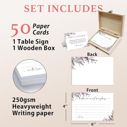 Advice and Wishes Cards Box – 50 Pcs Lavender Well Wishes & Wedding Advice Cards for Bride & Groom, Baby Shower, Birthday, Graduation, Wedding Reception, Retirement -A06 - color: Lavender, size: Set with Wooden Box