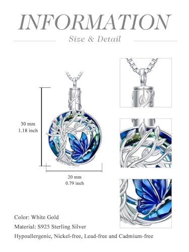 TOUPOP Butterfly Necklace for Women 925 Sterling Silver Tree of Life Butterflies Dragonfly Hummingbird Pendant Necklaces Crystal Jewelry Anniversary Christmas Birthday Gift for Her - color: Butterfly Blue - Urn