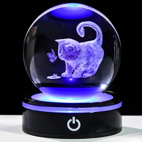 YWHL 3D Cat Crystal Ball Figurine with Colorful LED Base, Laser Engraved Cat Gifts for Women Men Cats Lovers, Glass Cats and Butterfly Statue Decorative Ball for Home Decor (80mm) - color: Cat and Butterfly 2