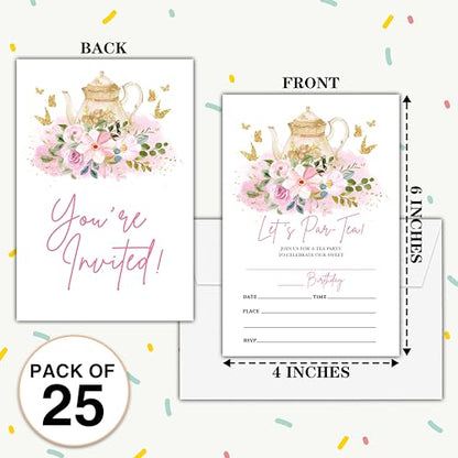 Birthday Invitations - Princess Tea Party Birthday Invites with Envelopes(25-Count) - Floral Brunch Fill-in Party Invite Cards for Girls Kids Party Supplies Favors - A11 - style: Princess Tea Party