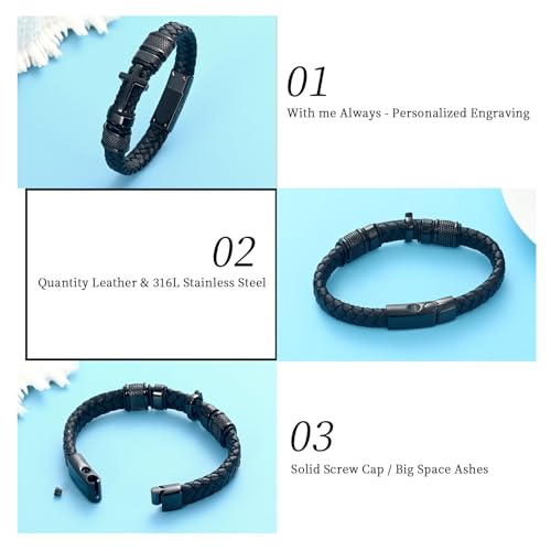 Oinsi Mens Double-Band Black Braided Leather Bangle Bracelets Cremation Jewelry for Ashes Wristband Memorial Urn Bangle with Cross Charm - color: A-Black-22cm