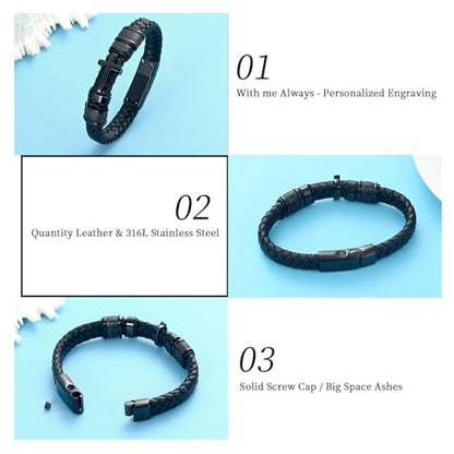 Oinsi Mens Double-Band Black Braided Leather Bangle Bracelets Cremation Jewelry for Ashes Wristband Memorial Urn Bangle with Cross Charm - color: A-Black-22cm