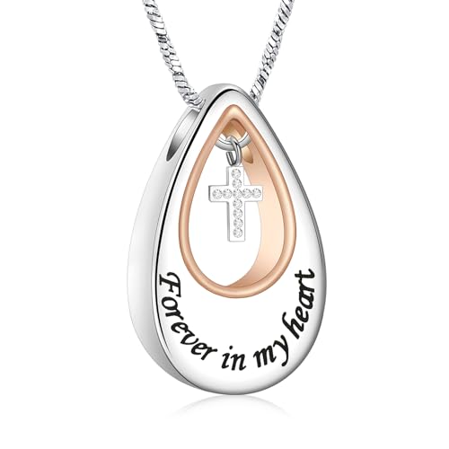 Yinplsmemory Cremation Urn Necklace for Ashes Urn Jewelry Forever in My Heart Stainless Steel Memorial Keepsake Cross Pendant for Human Pet - color: Silver with rose gold