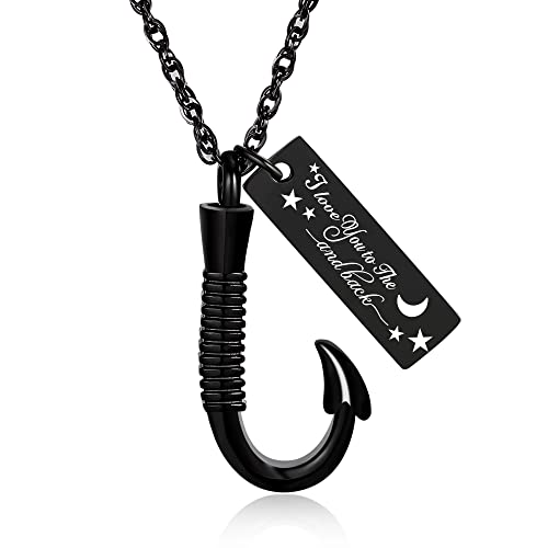 Gredstar Fish Hook Urn Necklace for Ashes, Fishing Memorial Keepsake | Fish Hook Design, Stainless Steel, Secure Screw Closure, Ash Holder, Fishing Theme, Funnel & Gift Box Included - color: Black-Love you to the moon & back