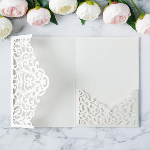 ponatia 20PCS Ivory Laser Cut Wedding Invitations Pockets, Tri-fold 5.11x7.2'' Laser Cut Invitation Pockets for Wedding Bridal Shower Quinceanera 15 Anos Invite (No Envelopes & Inner Sheets) - color: Ivory