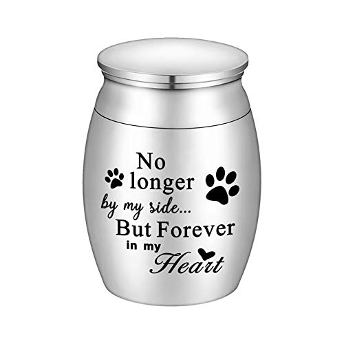 XIUDA 1.57 inches Mini Pet Memorial Small Urns for Dog and Cat Ashes, Stainless Steel Cremation Urn, Pet Paw Print Keepsake Urn for Ashes - No Longer by My Side Forever in My Heart - color: S Silver