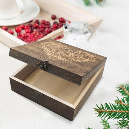 Wooden Memory Keepsake Box with Lid, Floral Heart Engraved Keepsake Box Decorative Storage Case For Photos Letter Time Capsule, 7.7 x 7.7 x 2.7 Inches