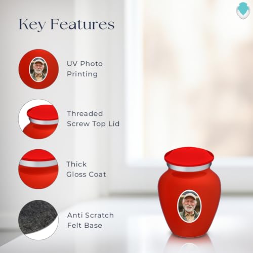 Embrace Keepsake Personalized Picture Cremation Urns for Human Ashes I Bright Red Photo Funeral Urn for Men and Women with Double Side Engraving I 3.5 lbs - color: Bright Red