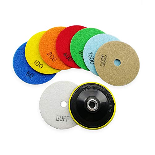 SHDIATOOL 4-Inch Dry Diamond Polishing Pads 8PCS Kit for Granite & Marble | Includes 5/8-11 Plastic Backer | 50-3000 Grit & White Buff | Quartz, Stone & Grinding Pads | Fits Polishers - style: 8 Pieces+P Backer