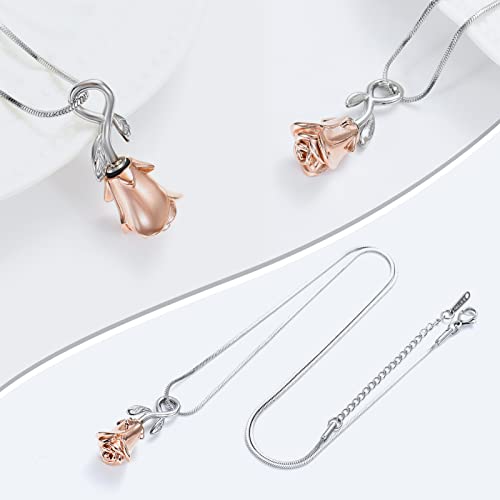 Rose Flower Cremation Urn Necklace for Ashes Stainless Steel Memorial Cremation Ash Jewelry Keepsake Pendant Necklace for Women Girl - color: Rose Gold