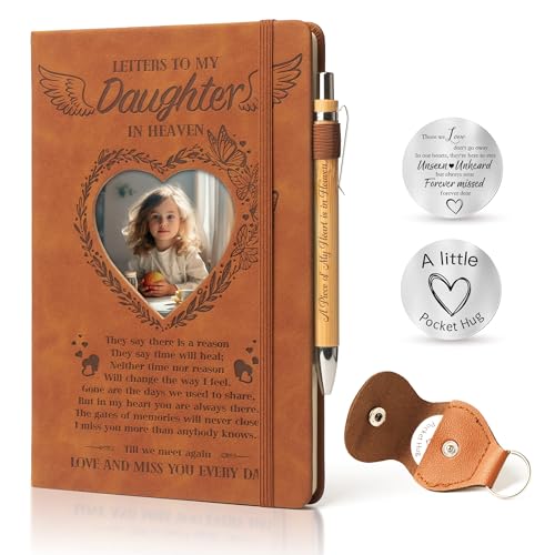 3 Pcs Memorial Gifts for Loss of Daughter A5 Grief Journal Travel Diary with Heart Photo Window in Cover Remembrance Pocket Hug PU Leather Keychain& Pen, Loss of Daughter Sympathy Bereavement Gift - style: Daughter