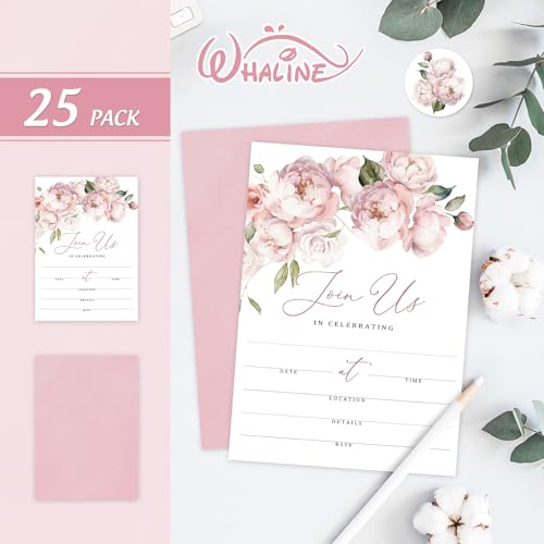 Whaline 25 Packs Floral Invitations with Envelopes and Stickers Pink Flower Invitation Cards Watercolor Rose Blank Party Invites for Wedding Birthday Bridal Shower, 5 x 7 Inch - style: Florals