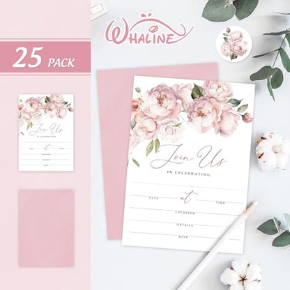Whaline 25 Packs Floral Invitations with Envelopes and Stickers Pink Flower Invitation Cards Watercolor Rose Blank Party Invites for Wedding Birthday Bridal Shower, 5 x 7 Inch - style: Florals