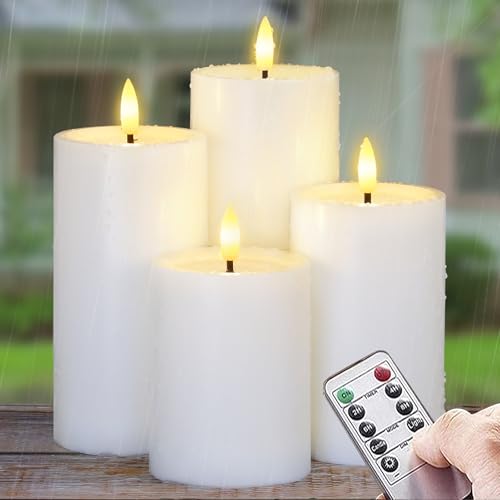 Yeelida Outdoor 4pcs Flameless Waterproof Candles with Handy Remote Control, Cycle Timer Battery Operated Candle Grease Effect LED Flickering Pillar Plastic Long Lasting (White, 3" x4" 5" 6" 7") - color: White, size: 4" 5" 6" 7"